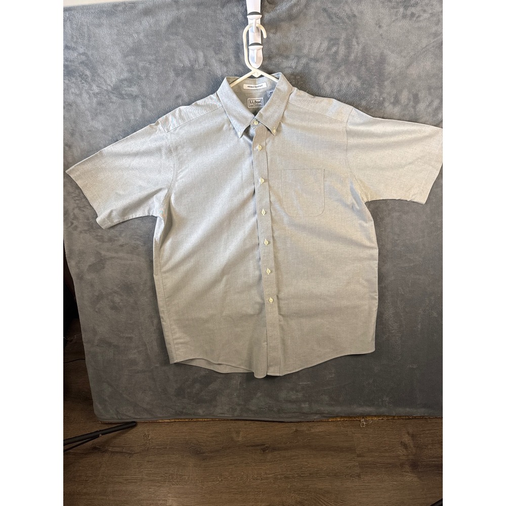 LL Bean Mens Short Sleeve Oxford Shirt Gray Wrinkle Resistant Cotton 17-REG
